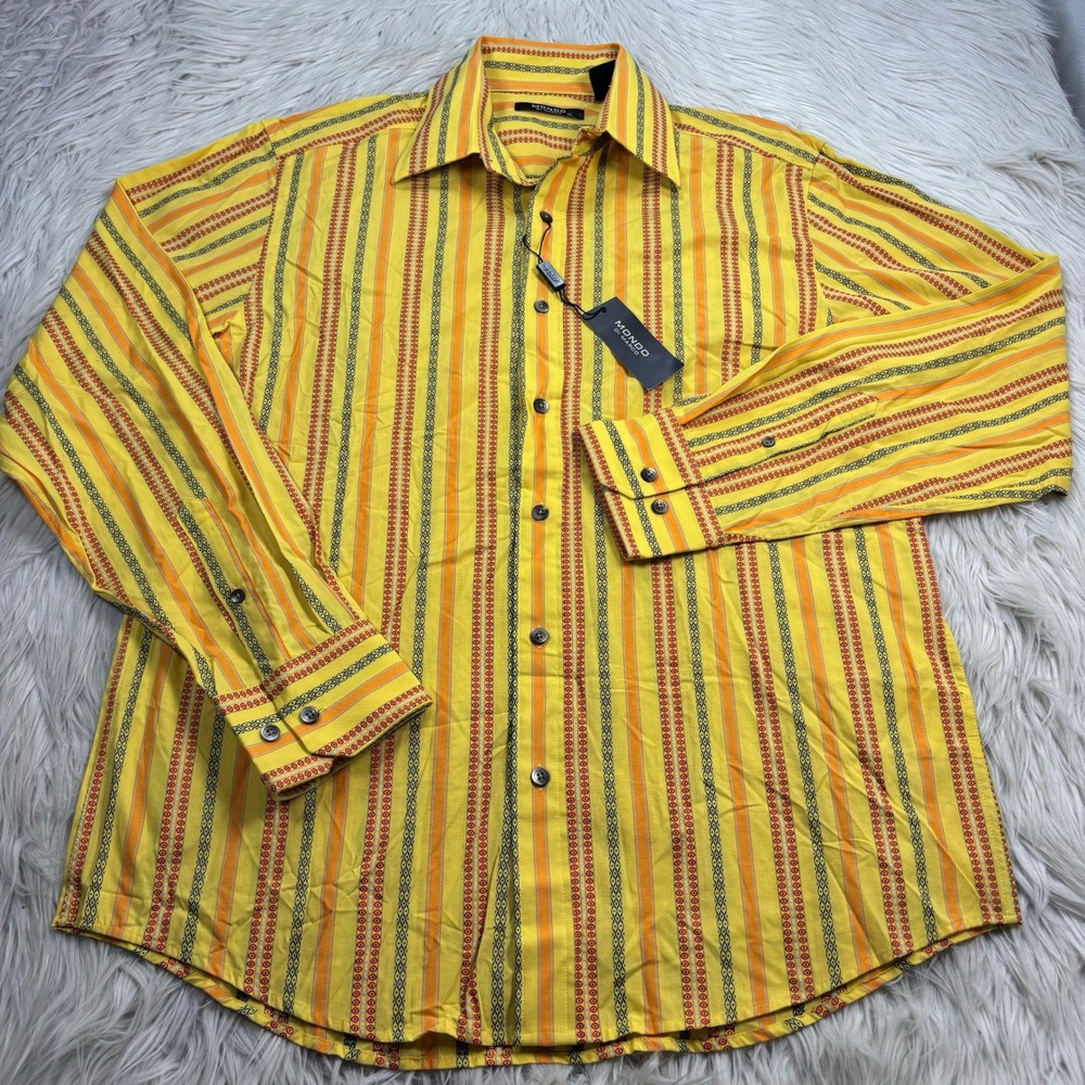 NWT Mondo Di Marco Men's L Yellow Jacquard Stripe Button Front Shirt Cabana